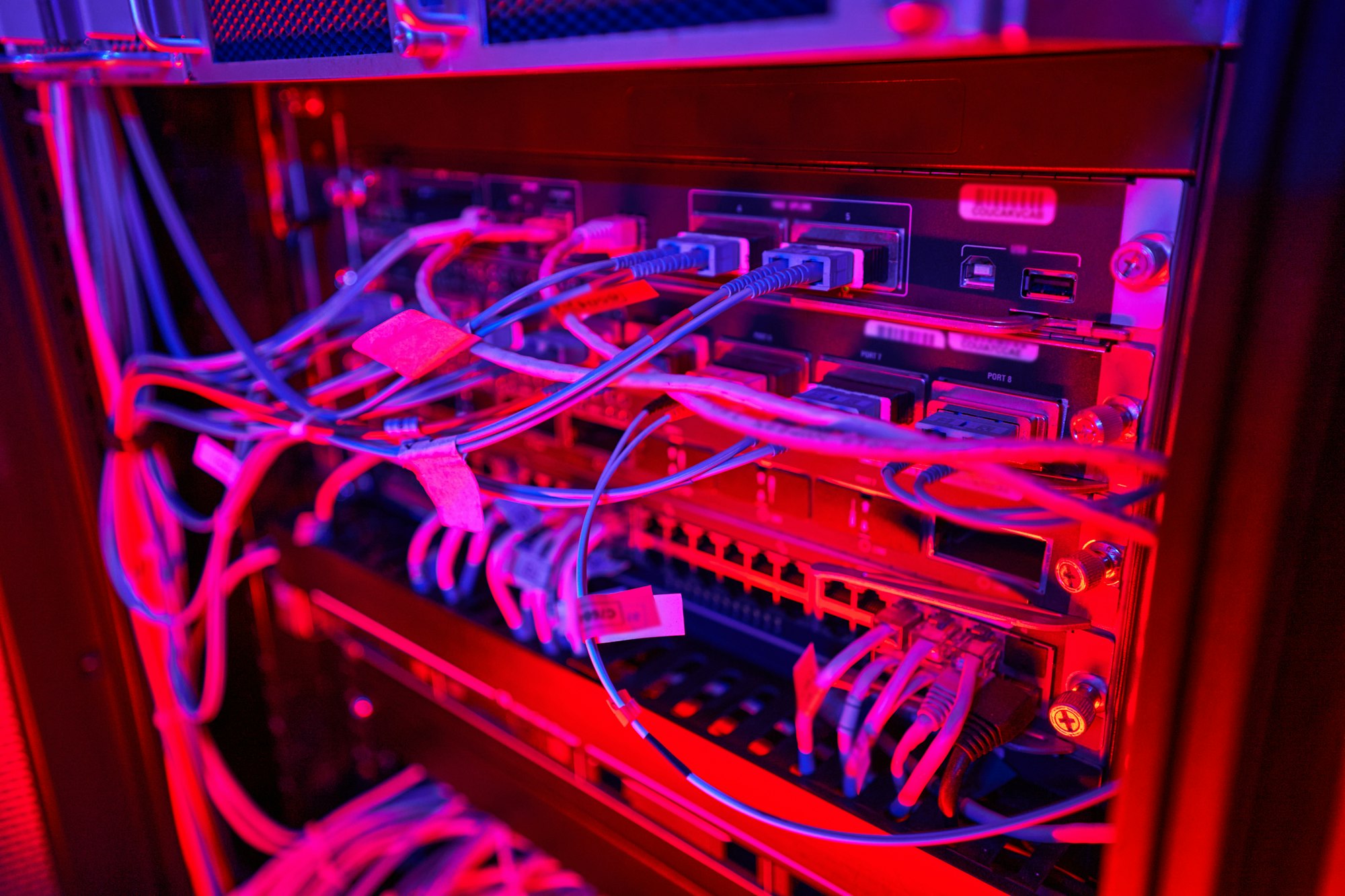 Details shot of patch cord cables connected to patch panel in database center