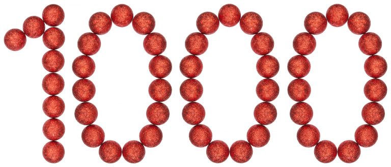 Numeral 1000, one thousand, from decorative balls, isolated on white background